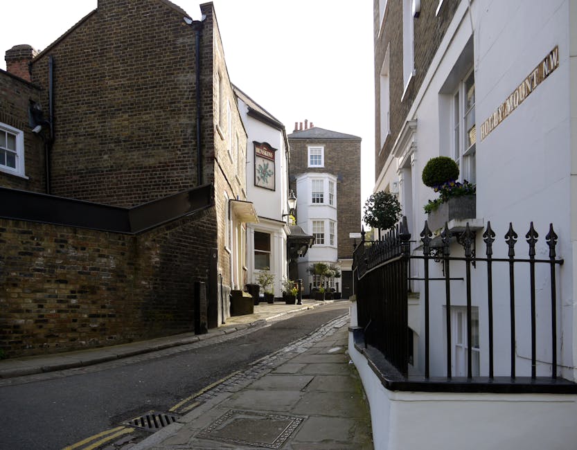 A narrow residential street in an urban area featuring a combination of historic and modern buildings. On the left, a tall brick building with a weathered surface and some moss or discoloration is visible. Adjacent to it, a white-painted building with a small sign and potted plants on the sidewalk adds contrast, while further down, a white bay window extends from a building, with flower pots and neatly trimmed topiary trees placed along the pedestrian walkway. On the right, a white building with a black wrought iron fence adorned with spearhead finials encloses a small garden area with potted plants and decorative flower boxes beneath the windows. The street surface consists of cobblestones and slightly inclined pavement, with a drainage grate and a small storm drain visible along the curb. The scene is illuminated by natural daylight, casting soft shadows and highlighting the textures of the brickwork, painted surfaces, and potted greenery, representing an environment where private waste removal or on-site clearance services by [COMPANY_NAME] could be relevant for maintaining urban cleanliness in such historic, densely built neighbourhoods.